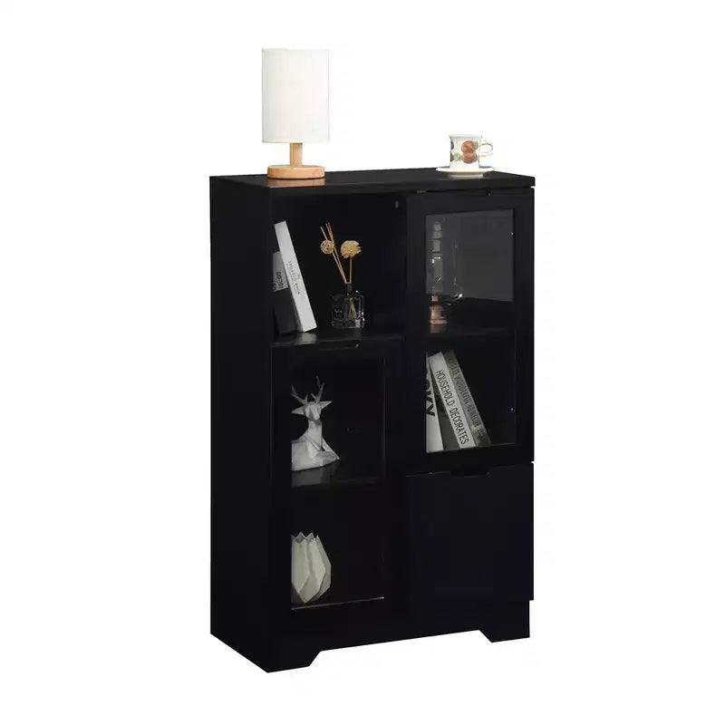 Modern Storage Cabinet With 2 Glass Doors & 2 Storage Spaces, Freestanding Floor Cabinet With Adjustable Shelves For Living Room Bathroom Kitchen