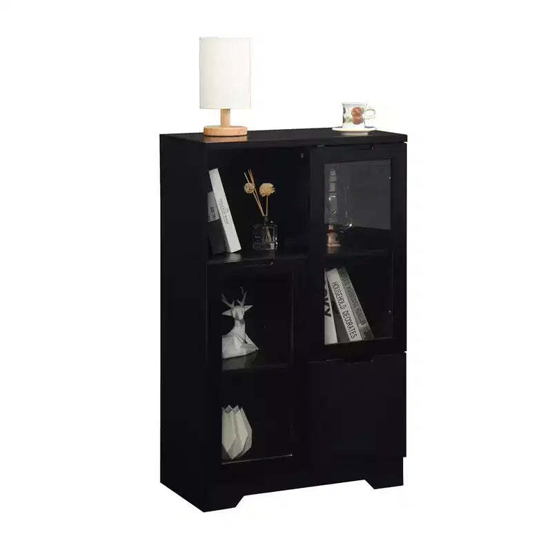 Modern Storage Cabinet With 2 Glass Doors & 2 Storage Spaces, Freestanding Floor Cabinet With Adjustable Shelves For Living Room Bathroom Kitchen