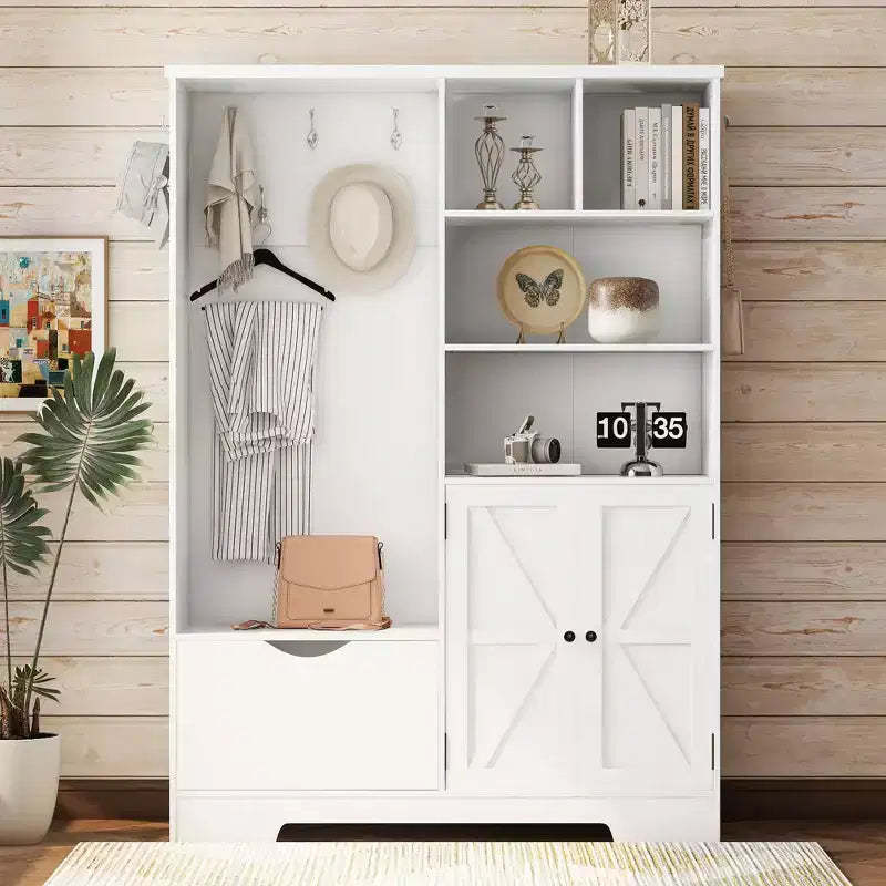 52.7W 5-in-1 Hall Tree with 7 Hooks , Shoe Cabinet and Entryway Storage Bench, Modern Coat Rack with Storage Shelves 4Q - ModernLuxe