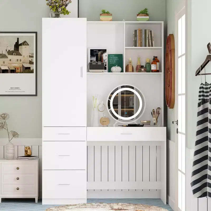 Famapy White Armoire With Vanity Table and Mirror Versatile Wardrobe