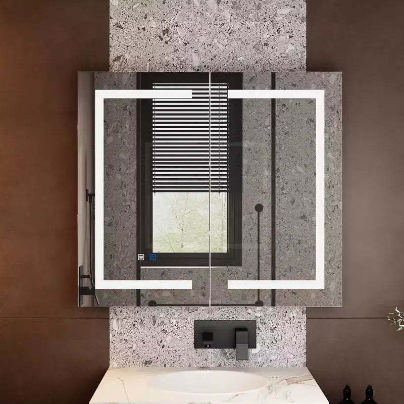 Famapy White Anti-Fog Bathroom Medicine Cabinet with Lights and Two Mirror Doors