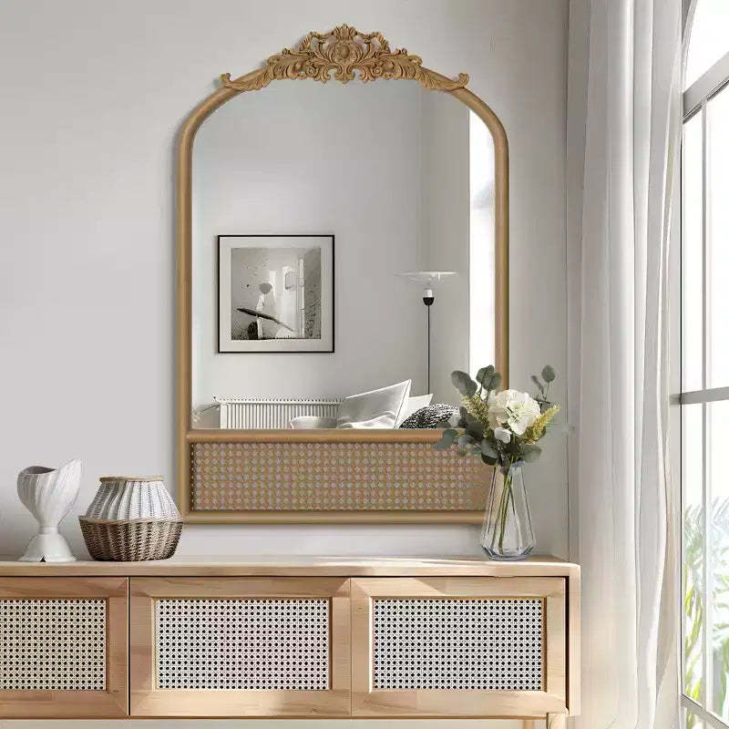 Dovelina Arch Wood Frame Carving Decorative Wall Mirror Bottom with Rattan Hanging Mirror