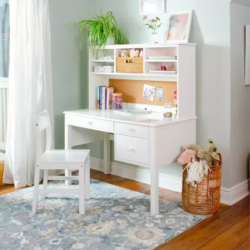 Guidecraft Madison Kids Desk with Hutch and Chair Set - White: Kids Wooden Bedroom Writing Table with Storage, Wood Study Table for Kids with Hutch