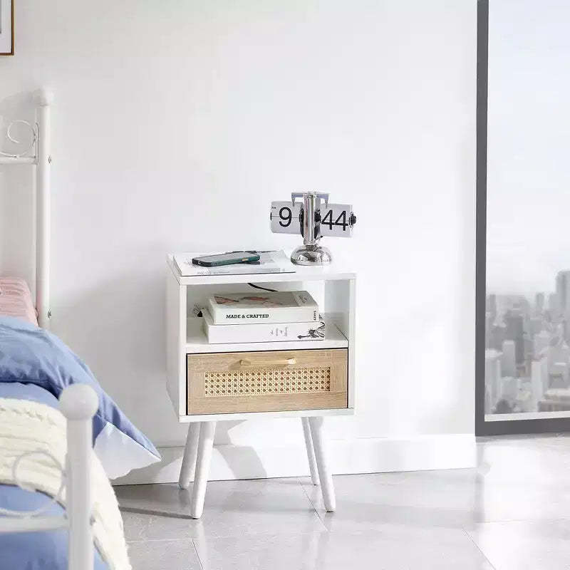 Mid-Century Modern Nightstand,15.75 Rattan Night Stands with Power Outlet & USB Ports,Drawer Solid Wood Legs, Bedroom Night Stand