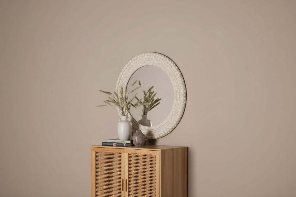 Baxton Studio Grazia Modern Round Beaded-framed Accent Mirror in Pearl White