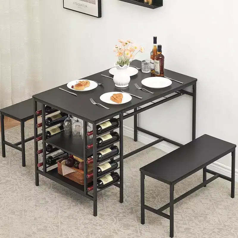 Whizmax Dining Table Set for 4, Kitchen Table Set for 4 with 2 Benches, Rectangular Dining Room Table Set with Wine Rack for Small Space Apartment