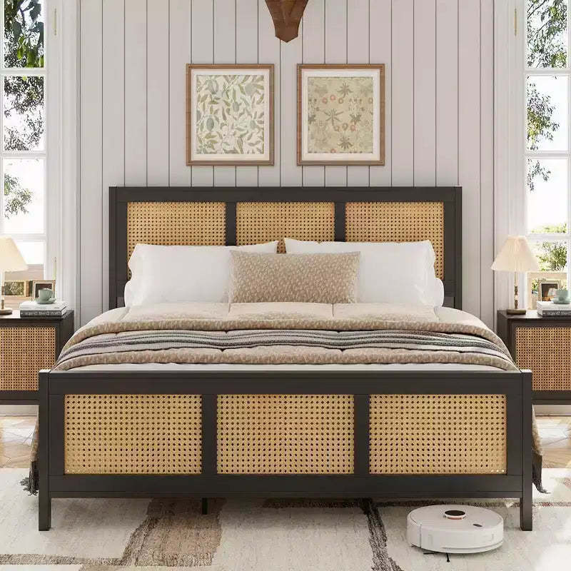 Queen Size Bed Frame with Headboard Bohemian Rattan Platform Bed Frame with Strong Metal Slats Support No Box Spring Needed Noise-Free Design, Black