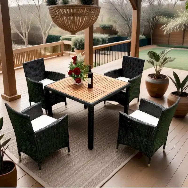 EELIFEE 5 piece Outdoor Patio Wicker Dining Set Patio Wicker Furniture Dining Set w/Acacia Wood Top Black Wicker + Creme Cushion