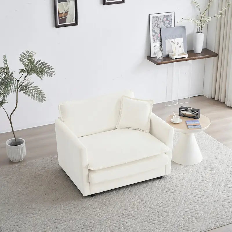 Comfy Deep Single Seat Sofa Upholstered Reading Armchair Living Room Chair White Chenille Fabric, 1 Toss Pillow