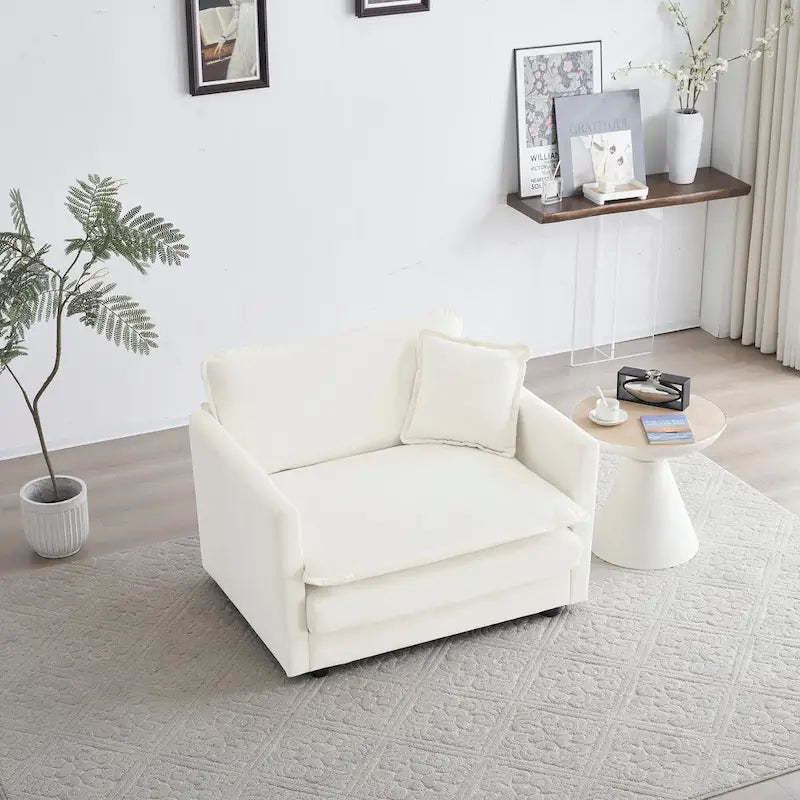 Comfy Deep Single Seat Sofa Upholstered Reading Armchair Living Room Chair White Chenille Fabric, 1 Toss Pillow