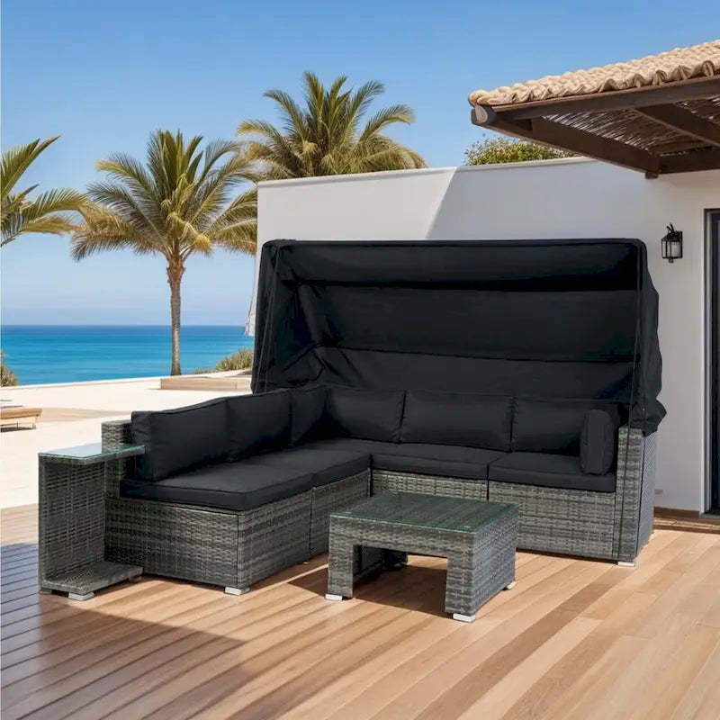 7-Piece Patio Furniture w/Retractable Canopy Wicker Rattan Sectional Sofa