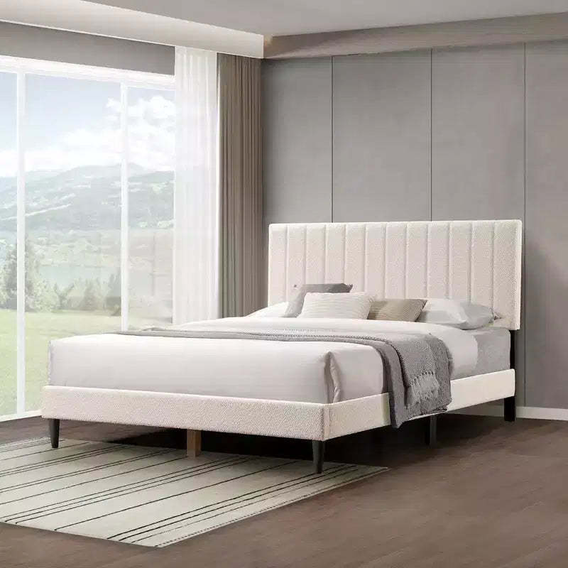 Queen Size Velvet Upholstered Bed Frame, Vertical Channel Tufted Wingback Headboard, Wooden Slats Support Platform, No Box Spring needed White