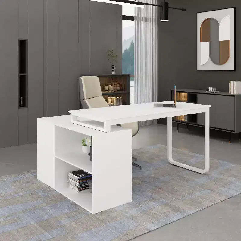 Famapy White Rotatable L-Shaped Computer Desk With Storage Drawers and Shelves