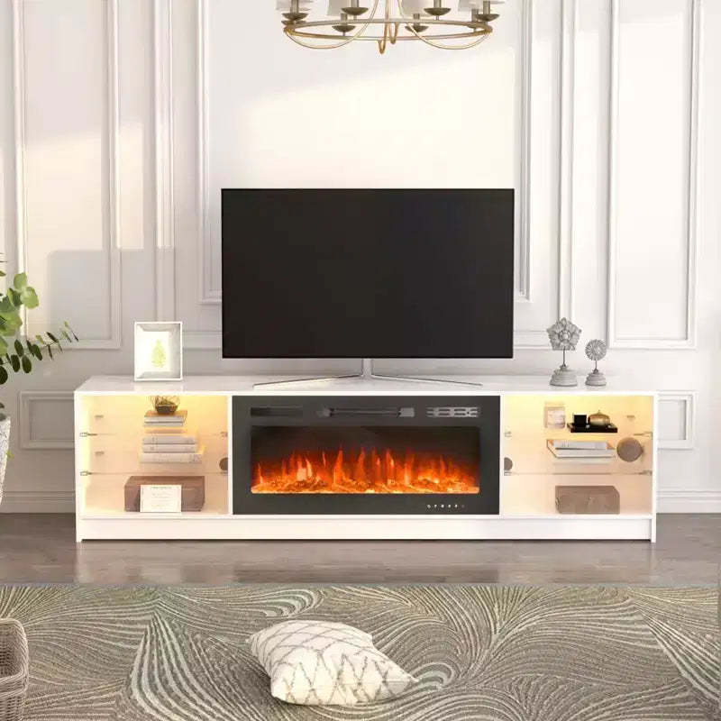 Erommy Fireplace TV Stand with 40 Electric Fireplace, Entertainment Center with Adjustable Glass Shelves, TV Console for TVs up to 79