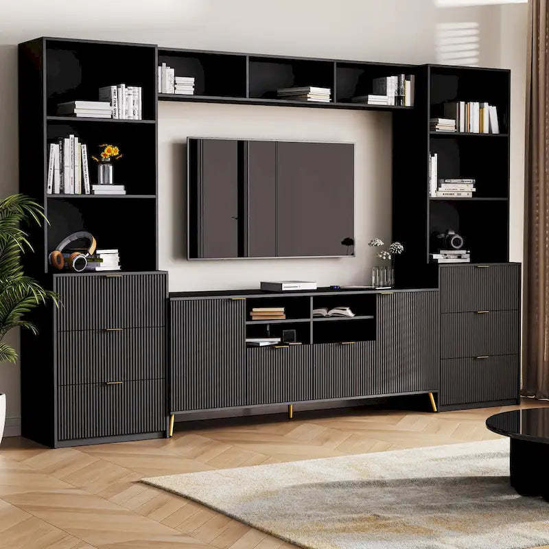 U-Can 4-Piece Entertainment Wall Unit with 13 shelves,8 Drawers and 2 Cabinets, Multifunctional TV Stand Media Storage Cabinet w
