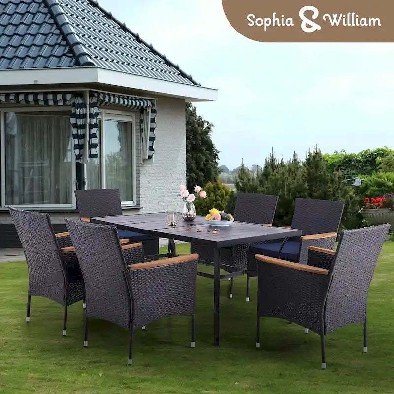 7 Pieces PE Rattan Patio Dining Sets, Modern Wicker Conversation Armhairs with Cushions and 2.6 Umbrella Hole