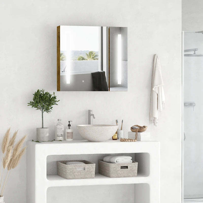 kleankin 27.5 Inch x 25.5 Inch LED Lighted Medicine Cabinet with Mirror, Wall Mounted Dimmable Bathroom Cabinet