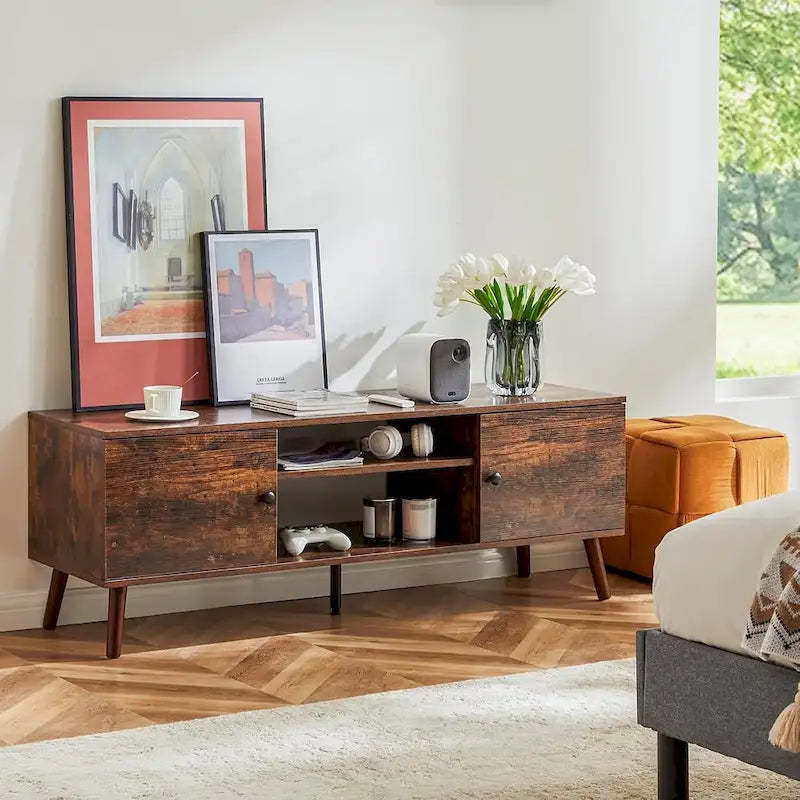 TV Stand for 55 60 inch TV, Entertainment Center with Storage Cabinet, Mid Century Modern Media Console Table, Adjustable Hinge