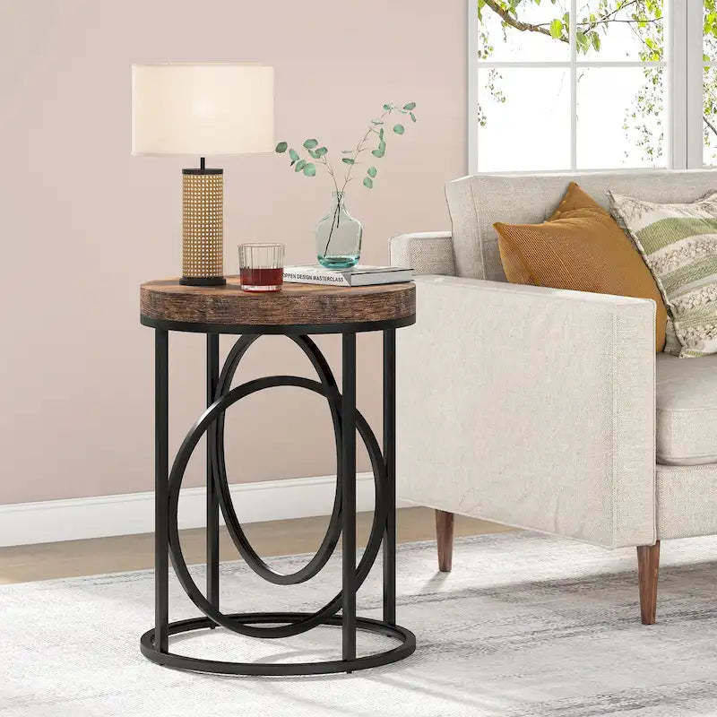 20 in. Marble White Round Wood End Table with Gold O-shaped Base
