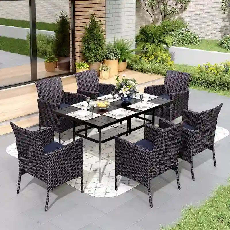 7 Pieces Outdoor Patio Dining Set, 6 PE Rattan Chairs with Cushions and 1 Rectangle Metal Table