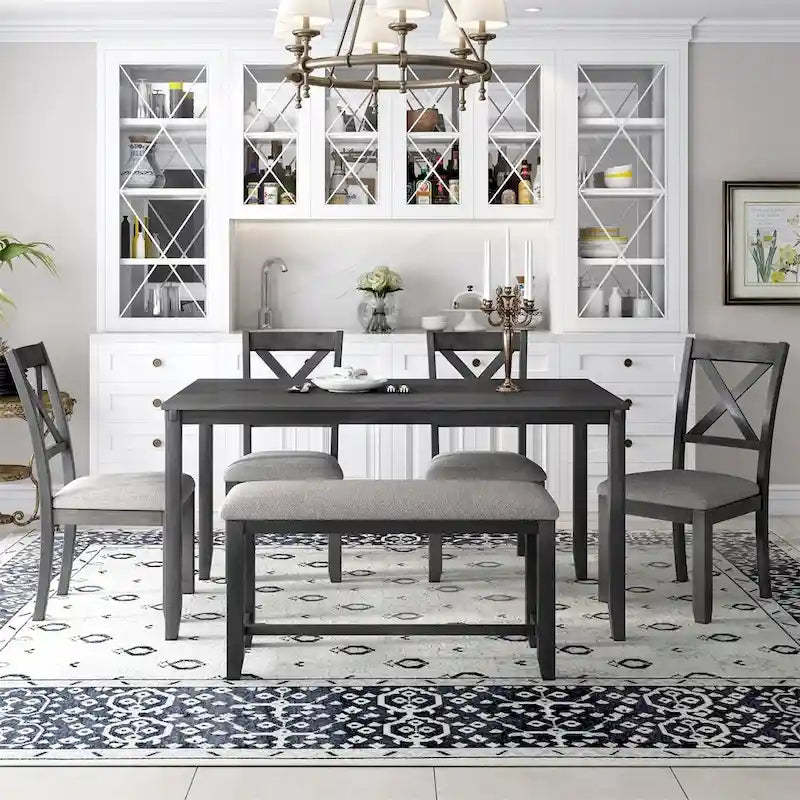 Merax Wooden 6-Piece Kitchen Dining Set with Bench and 4 Dining Chairs