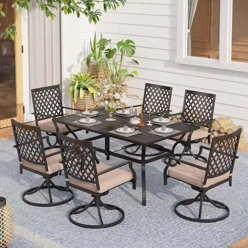 MAISON ARTS Rectangle Metal Table and 6 Swivel Chairs with Cushion 7-Piece Metal Outdoor Patio Dining Sets