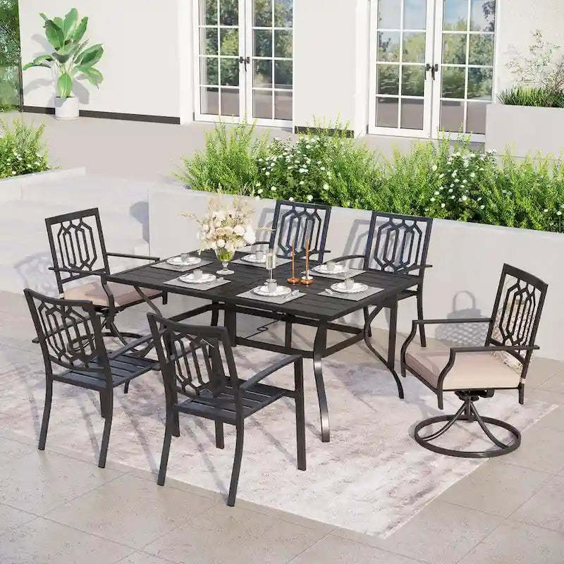 MAISON ARTS 7-Pcs Outdoor Dining Set Steel Combo Dining Chairs with Cushion and 6-Person Umbrella Table
