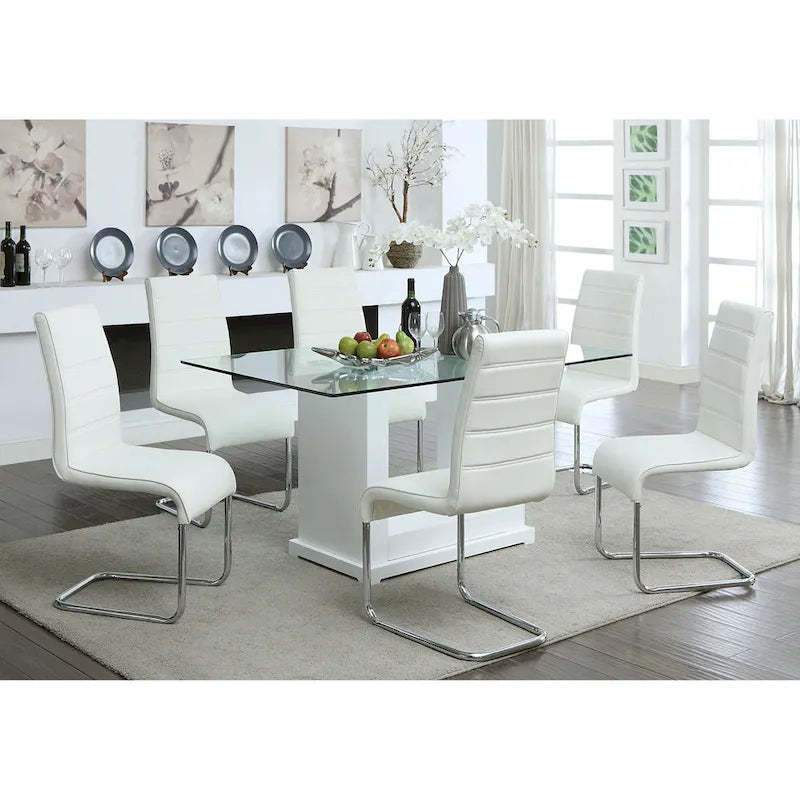 Benton Contemporary White Glass Top 7-Piece Dining Table Set by Furniture of America