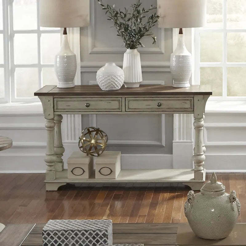 Morgan Creek Antique White Wire Brushed Tobacco Accents Sofa Table