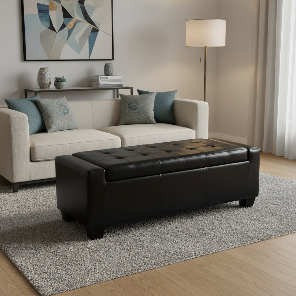 Porch & Den Pickard Black Faux Leather Storage Ottoman Bench
