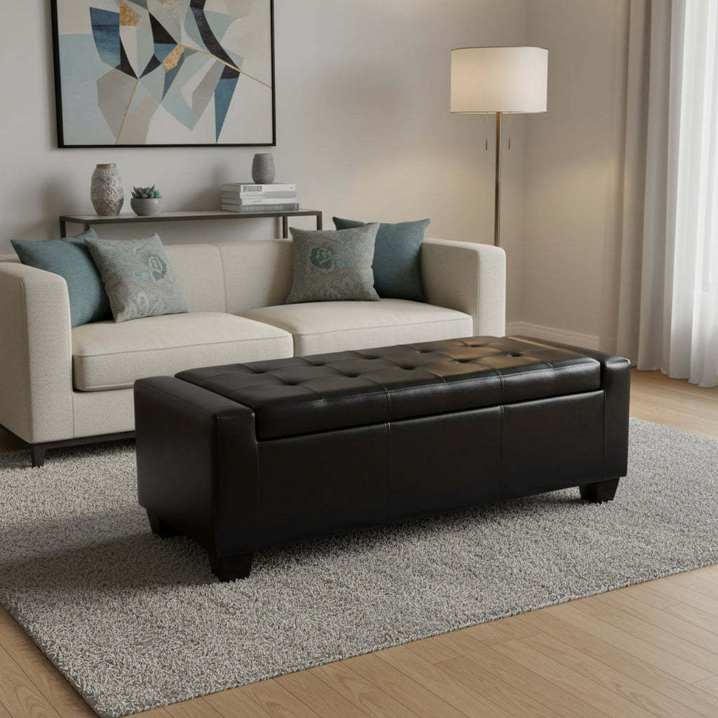 Porch & Den Pickard Black Faux Leather Storage Ottoman Bench