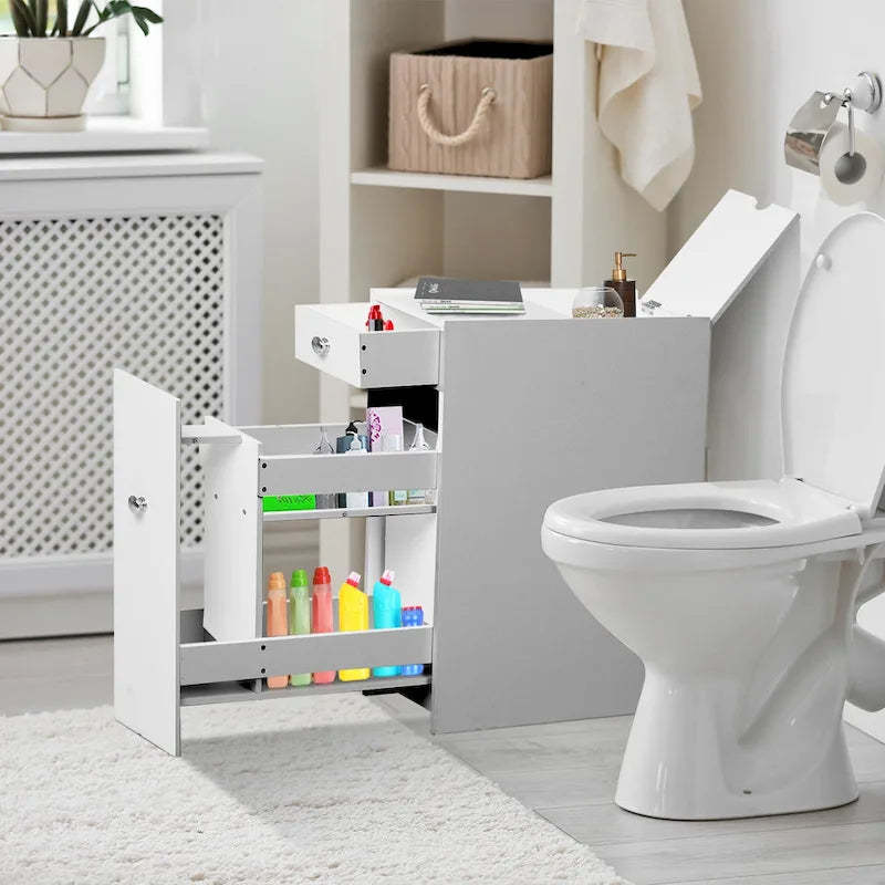 HOMCOM Bathroom Floor Organizer Free Standing Space Saving Narrow Storage Cabinet Bath Toilet Paper Holder with Drawers White