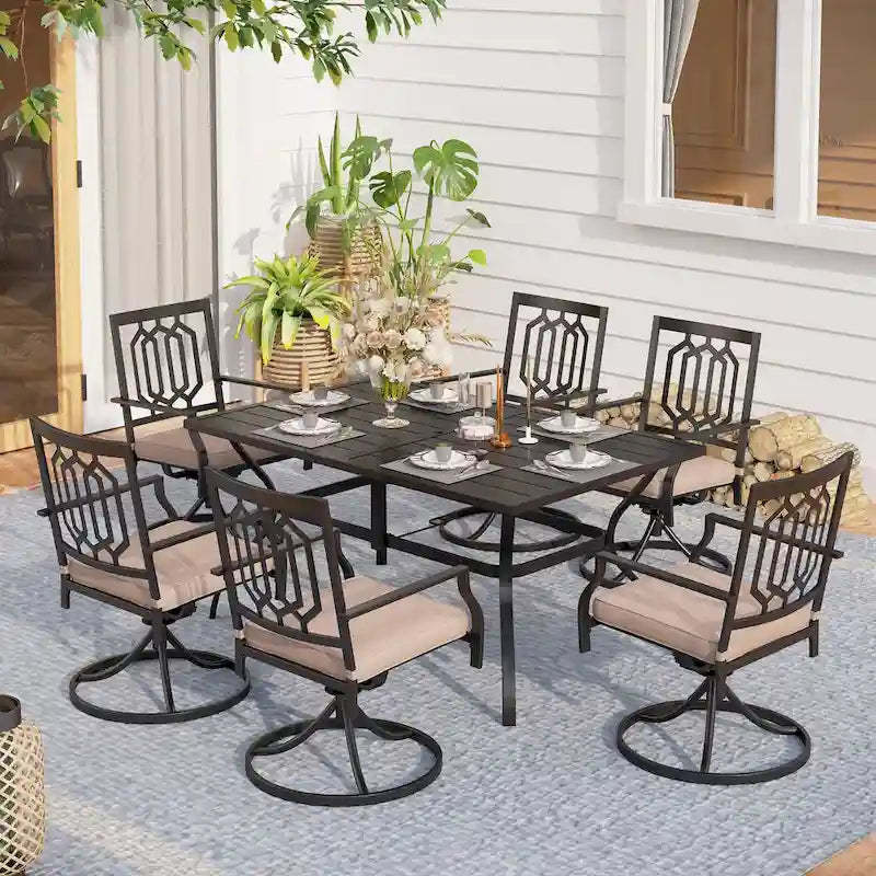 MAISON ARTS Steel 7-piece Outdoor Dining Table and Swivel Chair Set with Cushions