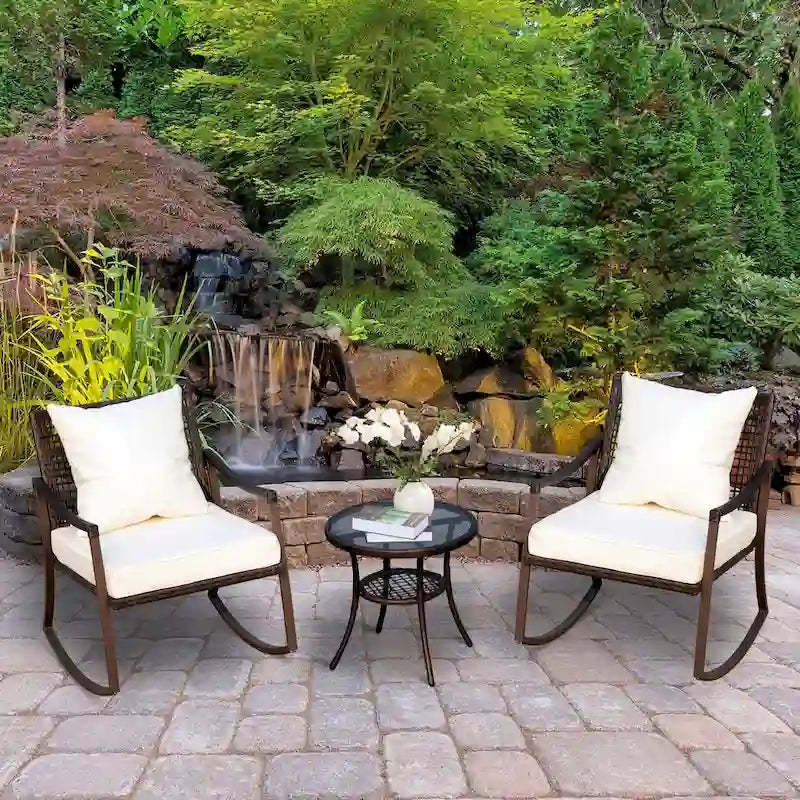 Outsunny 3 Piece Outdoor Outdoor PE Rattan Wicker Patio Rocking Chair Set with Accent Table - Brown