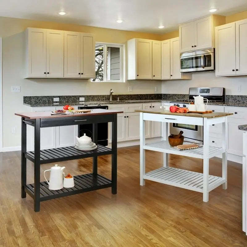 2-shelf Natural Solid Wood Top Kitchen Island - N/A