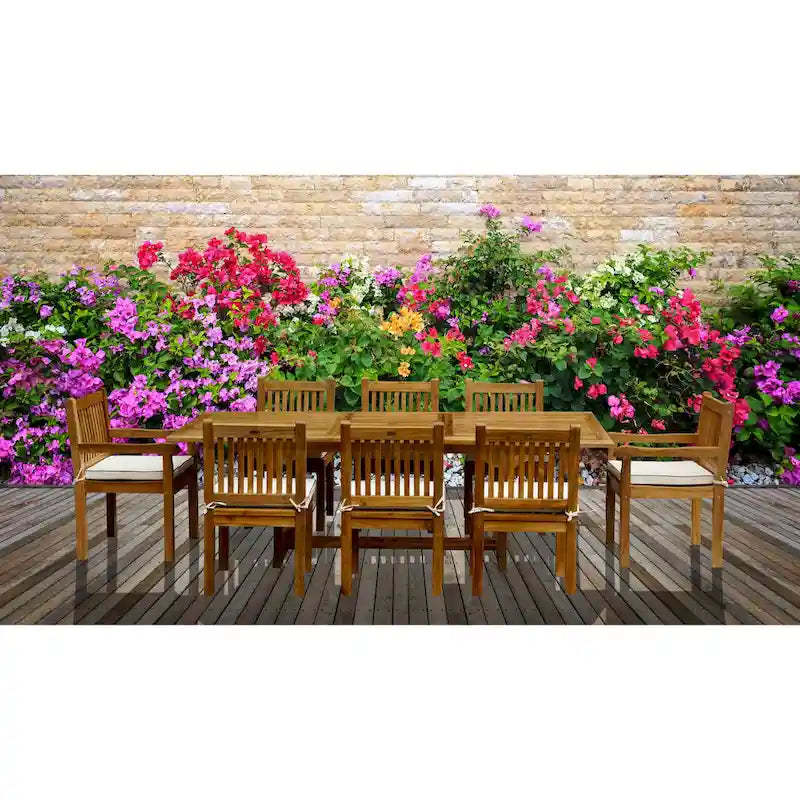Chic Teak 9 Piece Rectangular Teak Wood Elzas Table/Chair Set With Cushions