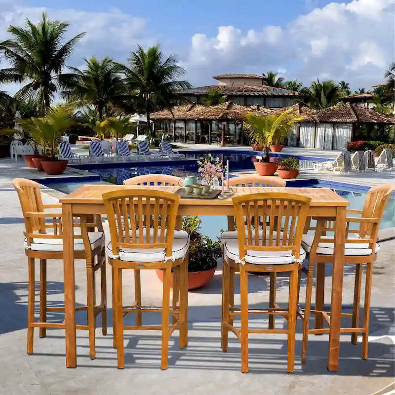 Chic Teak 7 Piece Teak Wood Orleans Patio Bistro Bar Set, 63 Bar Table, 2 Bar Chairs w/ Arms & 4 Armless Bar Chairs