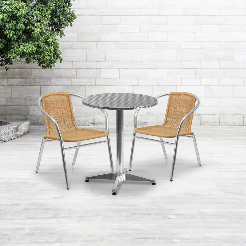 23.5 Round Aluminum Indoor-Outdoor Table Set with 2 Rattan Chairs - 23.5W x 23.5D x 27.5H - 23.5W x 23.5D x 27.5H