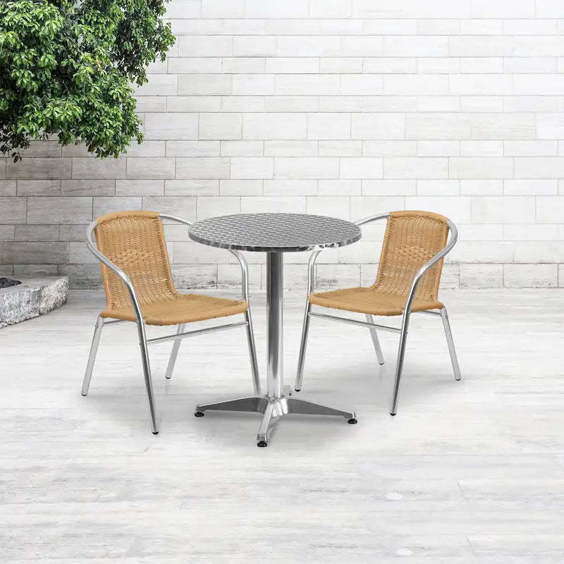 23.5 Round Aluminum Indoor-Outdoor Table Set with 2 Rattan Chairs - 23.5W x 23.5D x 27.5H - 23.5W x 23.5D x 27.5H