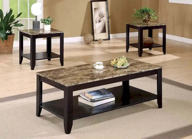 Artistic 3 piece occasional table set with Marble Top, Brown