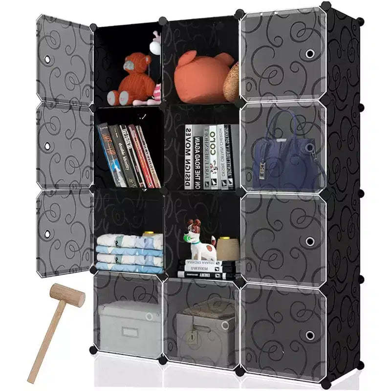 12-Cube Storage Organizer with Doors Stackable Bookcase Room Divider 180 lb Capacity Steel Frame
