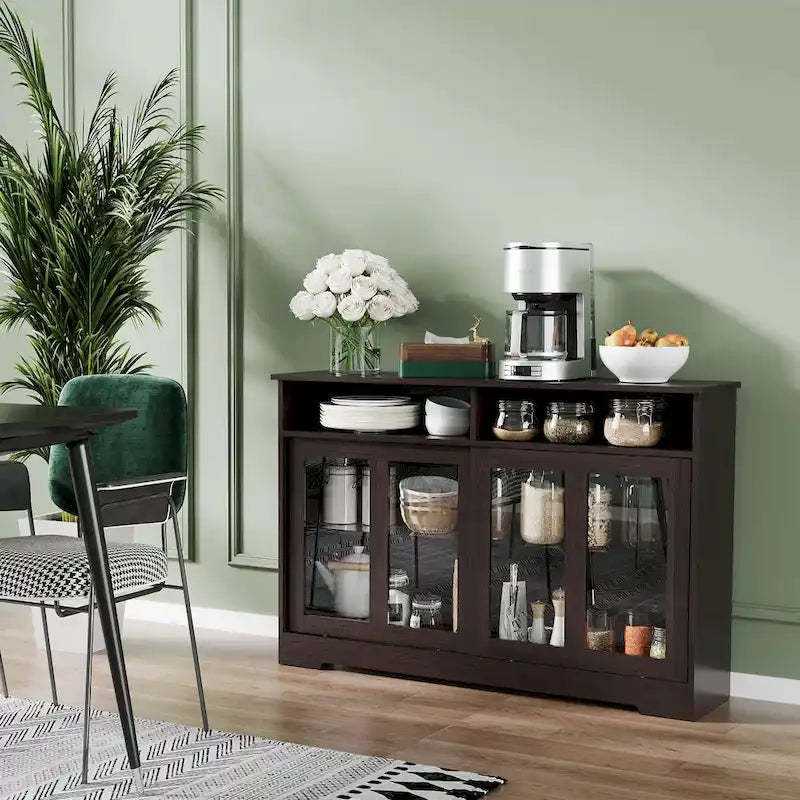 HOMCOM Modern Kitchen Storage Sideboard, Buffet Cabinet, Sliding Glass Doors Cupboard with Adjustable Shelf, Dark Brown