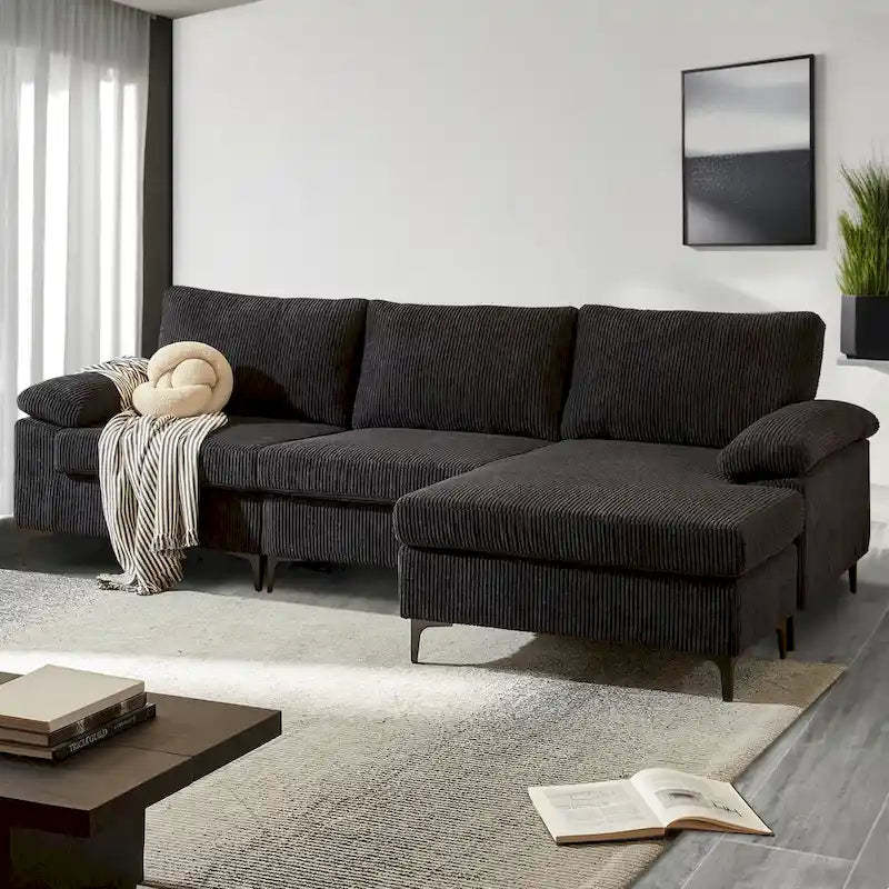 HOOOWOOO Living Room Wide Armrest Corduroy Fabric Chaise Reversible Sofa with Ottoman