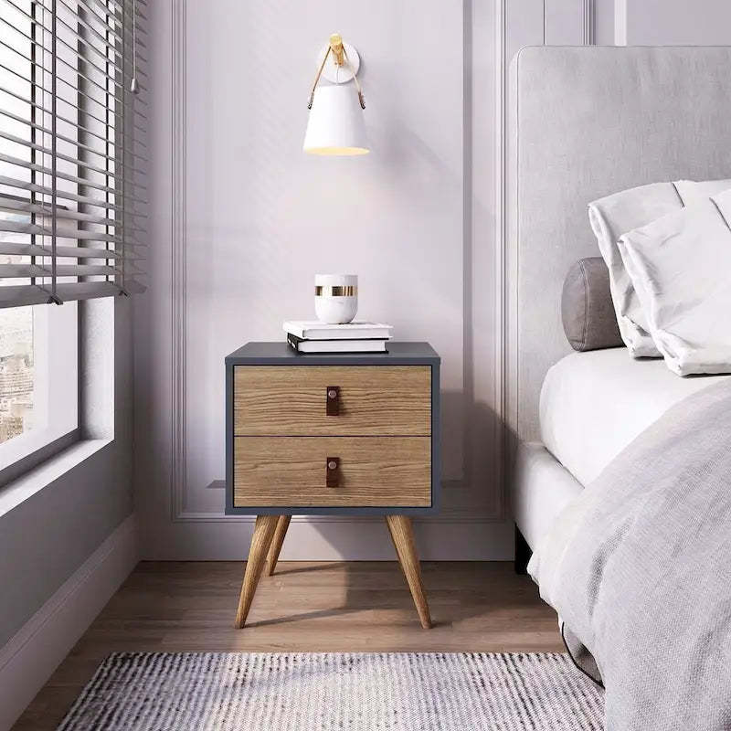 Manhattan Comfort Amber Nightstand with Faux Leather Handles in Blue and Nature