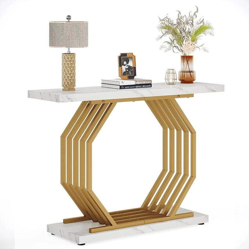 Gold Console Table, Faux Marble Entryway Table Narrow Sofa Table with Geometric Metal Base, 40 Inch Modern Accent Table
