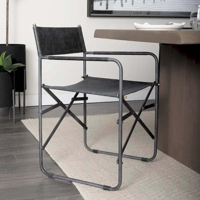 Direttore Black Genuine Leather Seat With Black Iron Frame Dining Chair - 19.7W x 21.7D x 33H