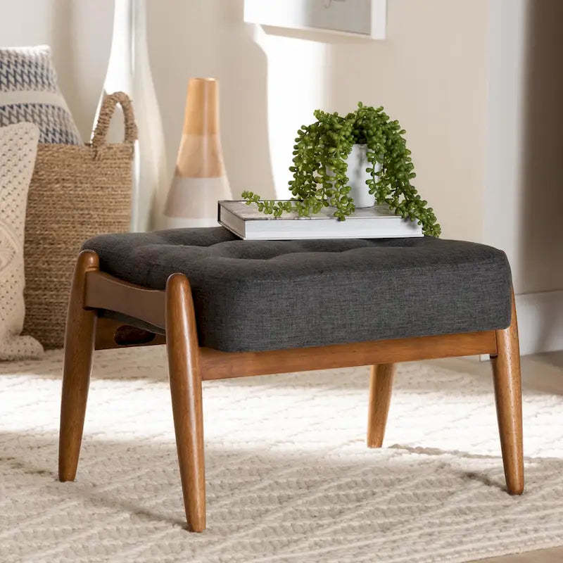 Jeanine Japandi Dark Grey Fabric and Walnut Brown Finished Wood Ottoman Footstool