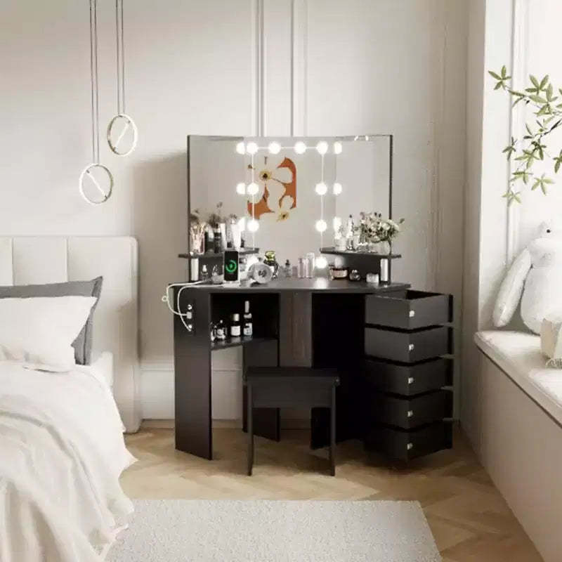 Garvee Makeup Vanity Desk with Lights & Power Outlet-Corner Vanity Table with 5 Rotating Drawers, for Bed Room