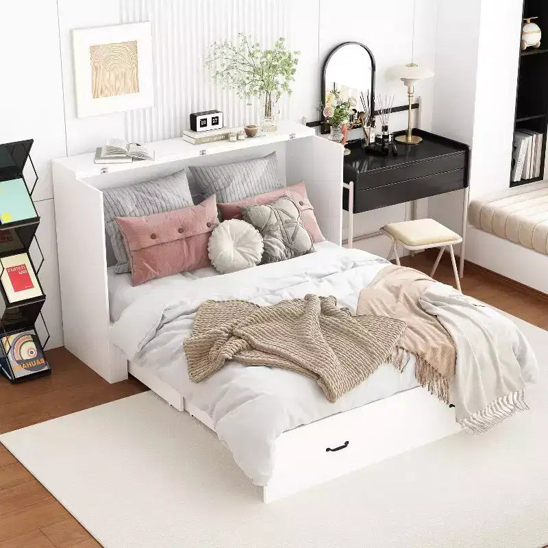 Famapy White Murphy Bed with Drawer  Pull-Out Bed Frame + Built-In Charging Station