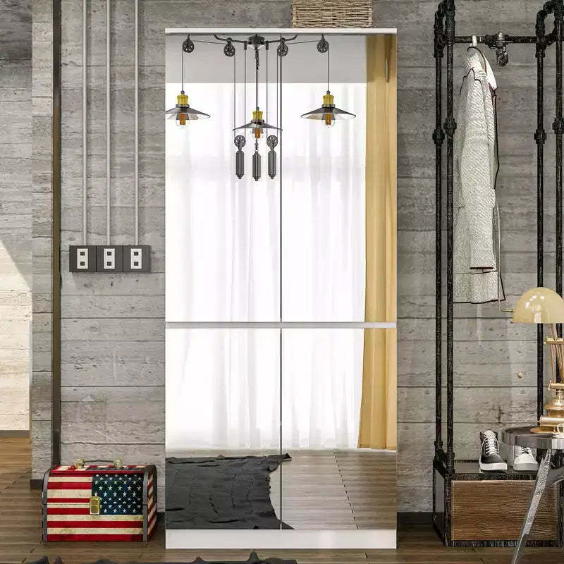 Famapy White Armoire With Hanging Rod and Mirrored Doors